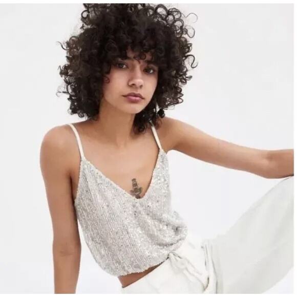 ZARA Metallic Gold / Beige Womens SIZE LARGE Sequined Cropped Cami Camisole Tank - Picture 1 of 11